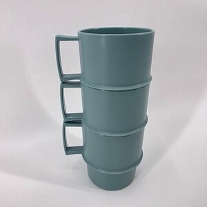 Tupperware Vintage Stacking Mugs Set of 3 Teal Blue Plastic 1312-18 Made in USA